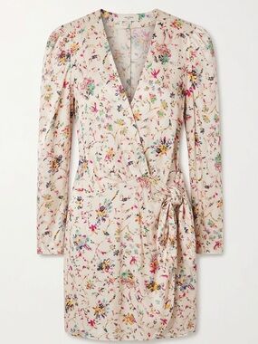 Isabel Marant Etoile Cream Floral Long-Sleeve Wrap Dress with Tie Waist